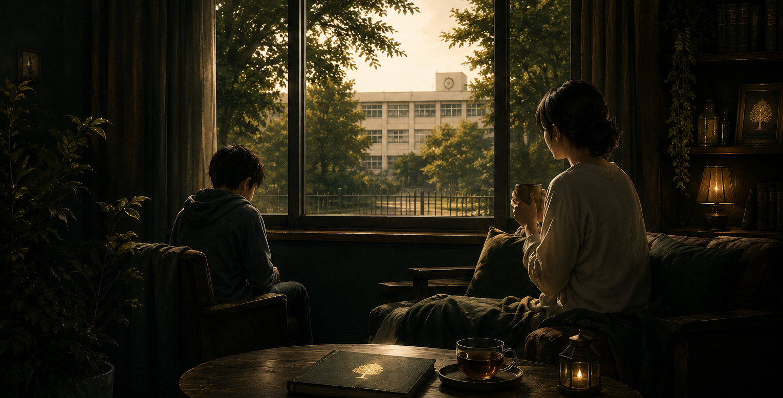 朝の静かな室内で、学校を前にした子どもと、少し離れて見守る保護者が過ごしている黒緑ノワール調のイメージ